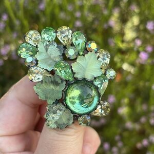 Rare! 1950s Unsigned CORO Fruit Salad Green Frosted Molded Glass Leaf Brooch